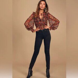 Free People Twyla Sheer Black Floral Print Smocked Long Sleeve Crop Top